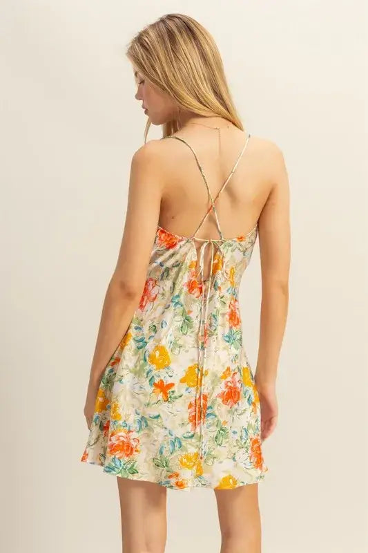 HYFVE Floral Cowl Neck Flirty Satin Mini Dress with Floral Print and Criss-Cross Back Straps