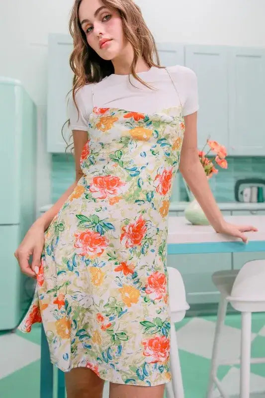 HYFVE Floral Cowl Neck Flirty Satin Mini Dress layered over a white T-shirt with colorful floral print