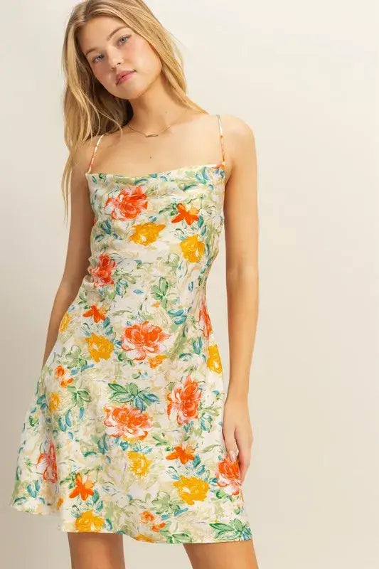 Women’s floral print cowl neck mini dress from HYFVE with a flirty satin finish