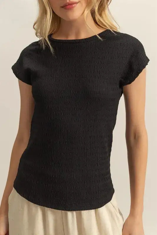 HYFVE Textured Round Neck Cap Sleeve Knit Top