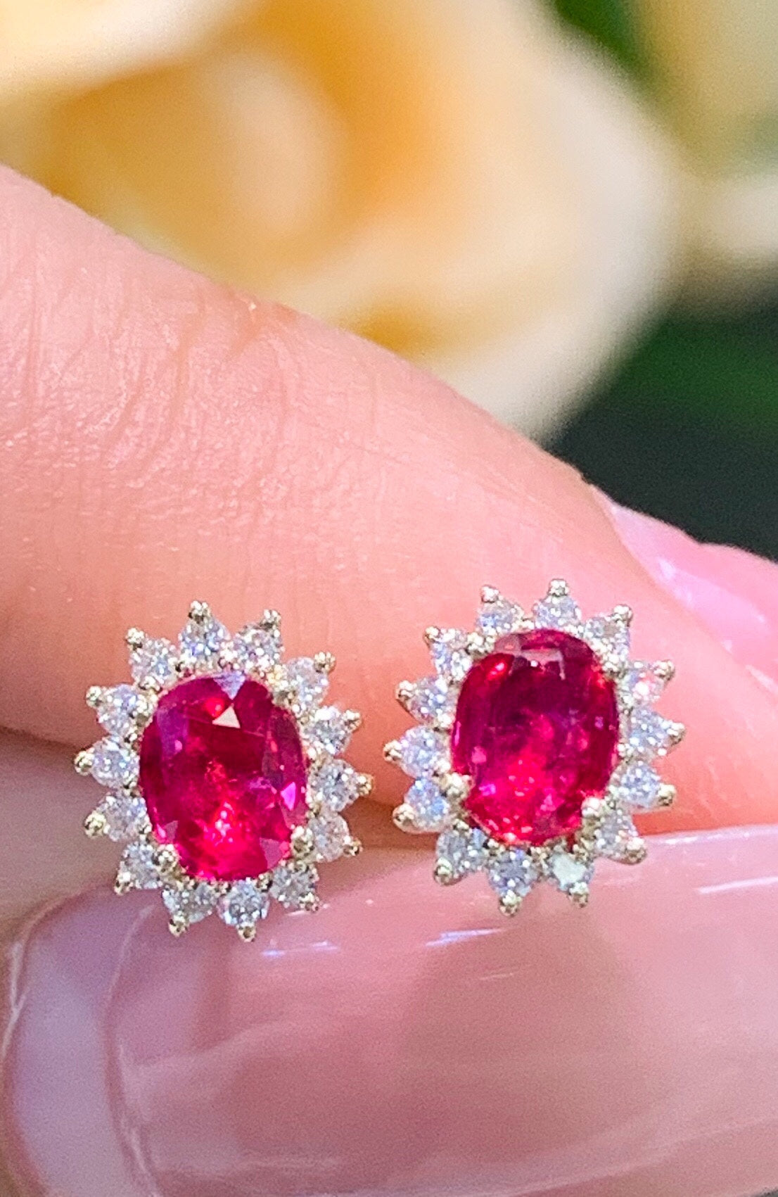 18K White Gold Ruby Stud Earrings, Classic Princess Diana Style