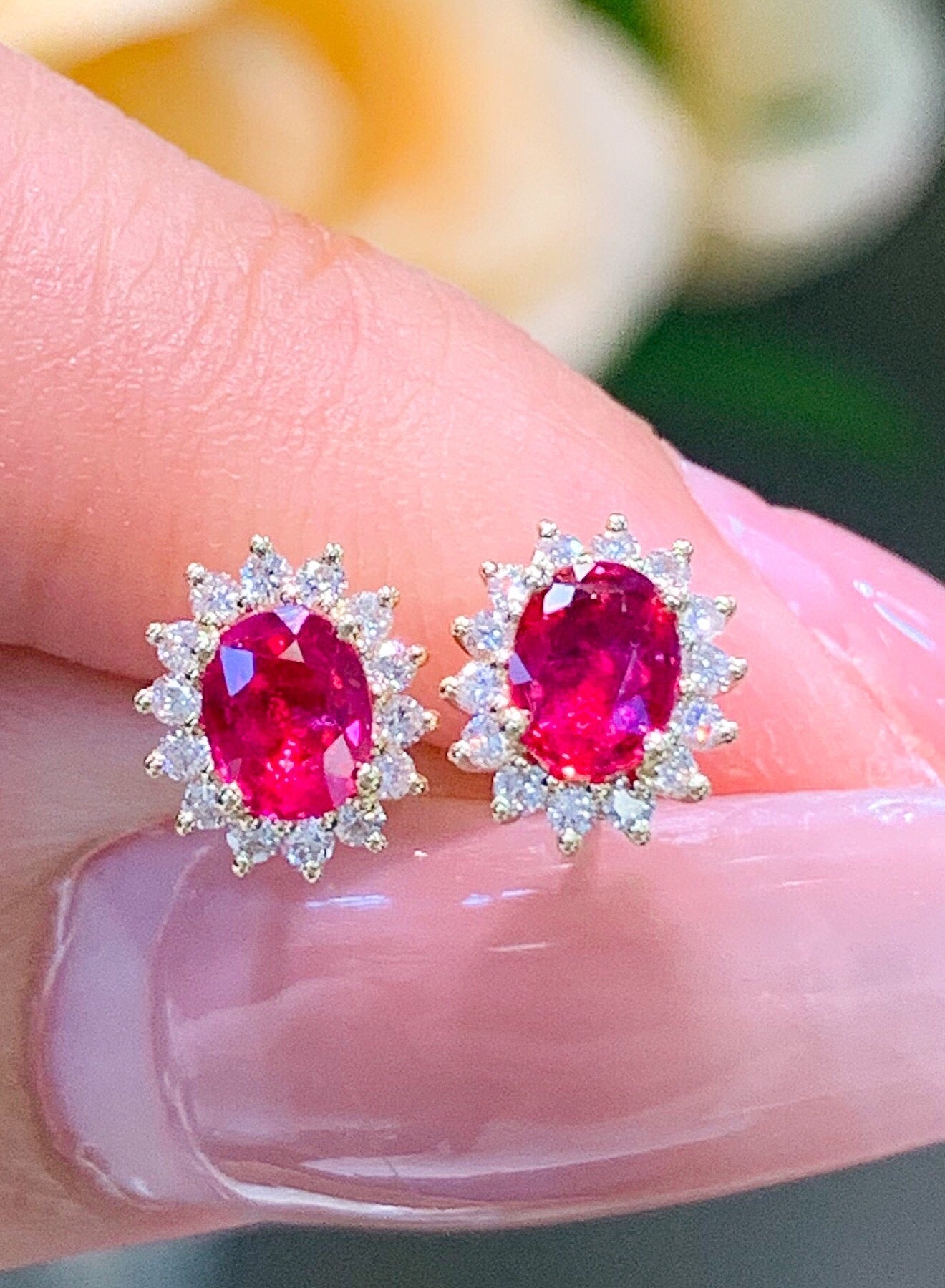 18K White Gold Ruby Stud Earrings, Classic Princess Diana Style