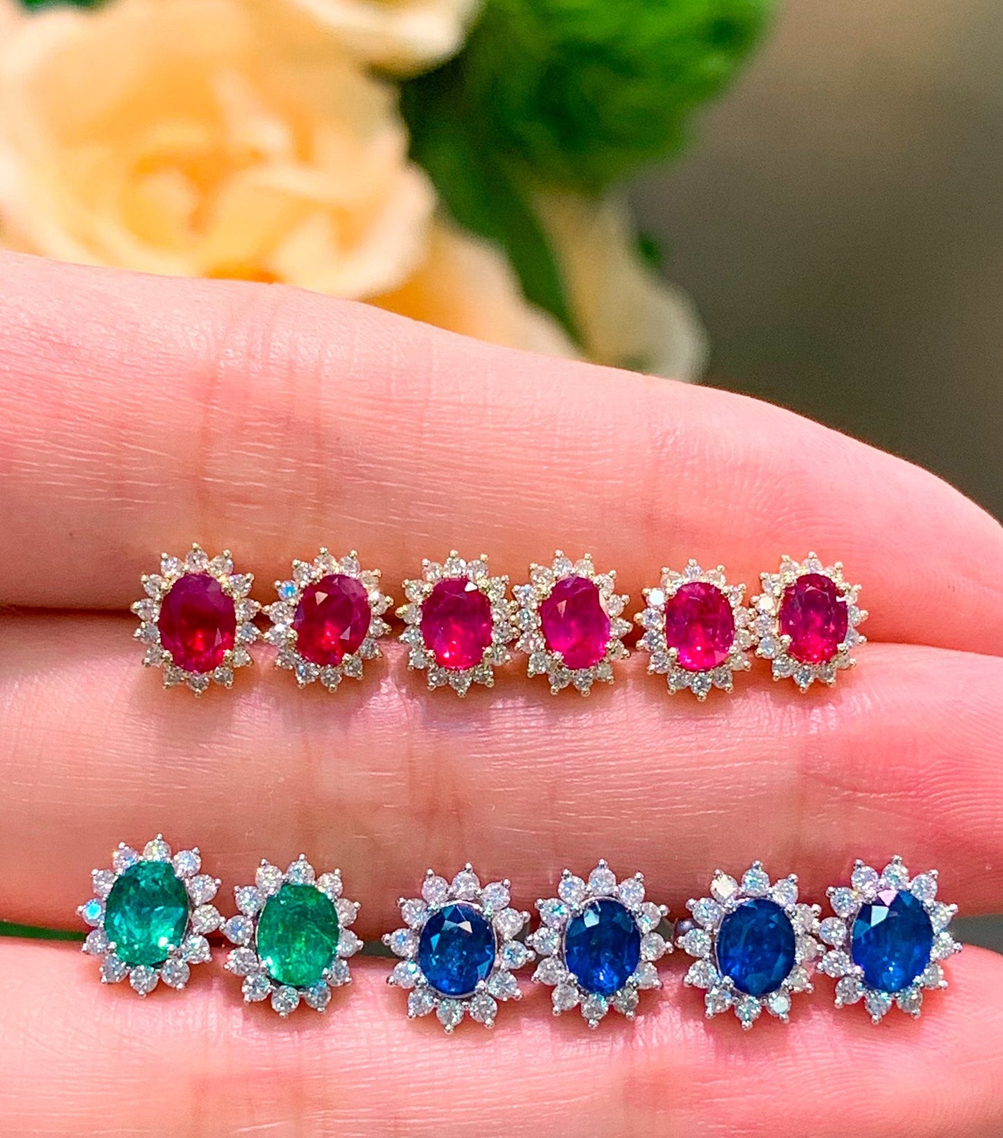 18K White Gold Ruby Stud Earrings, Classic Princess Diana Style
