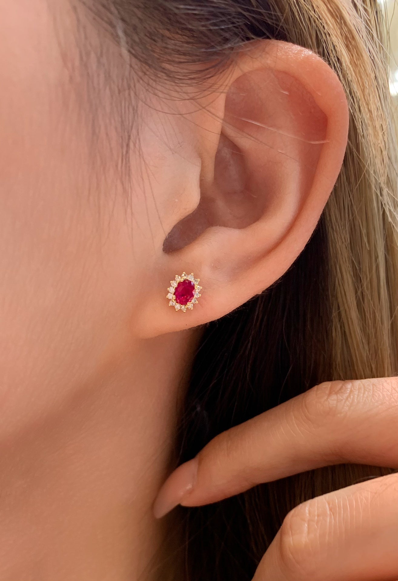 18K White Gold Ruby Stud Earrings, Classic Princess Diana Style