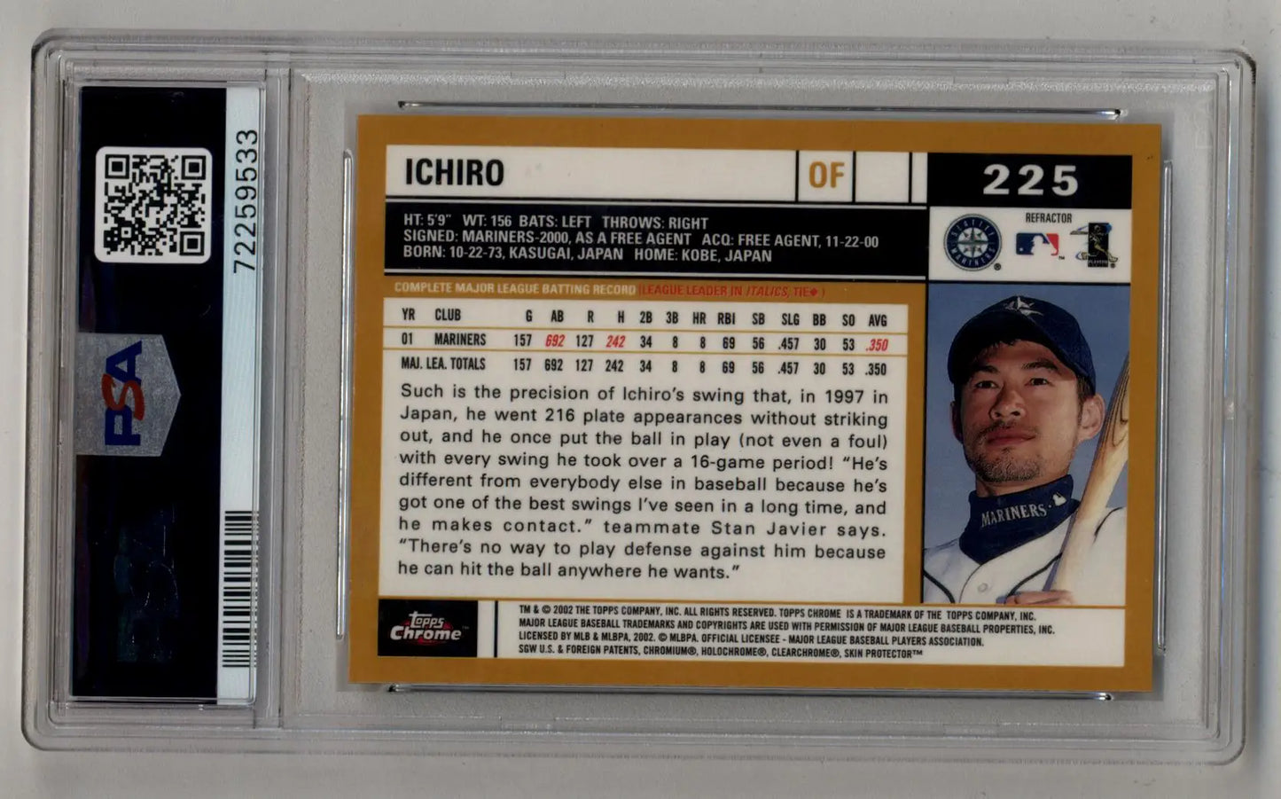 Ichiro 2002 Topps Chrome Gold Refractor #225 in protective case showcasing statistics