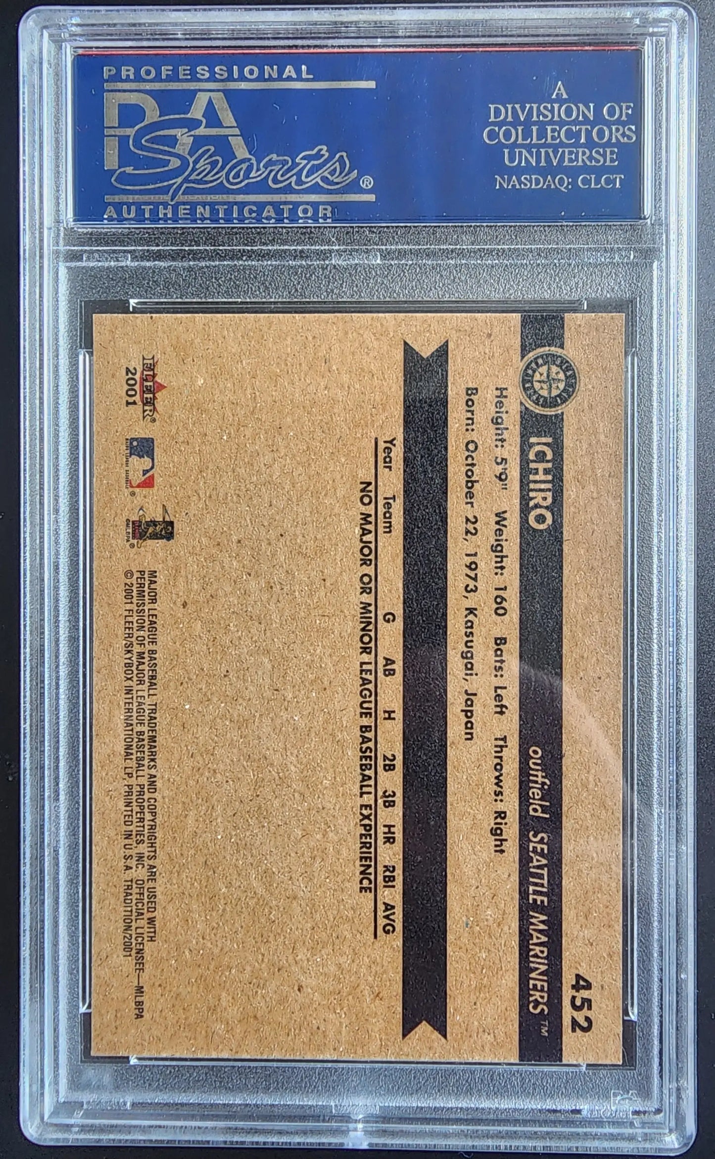 Back view of Ichiro Suzuki 2001 Fleer #452 PSA 10 Gem Mint trading card in holder