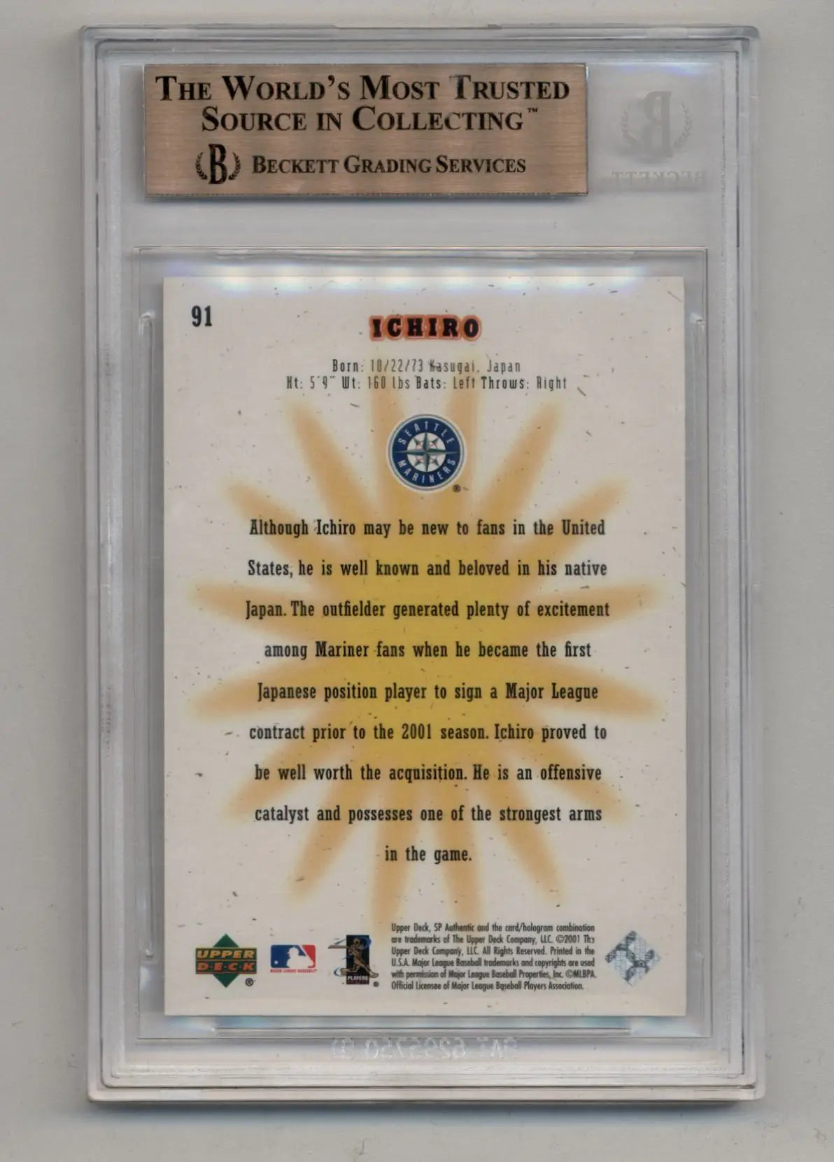 Ichiro Suzuki 2001 SP Authentic #91 Gem Mint baseball card in protective case with logo