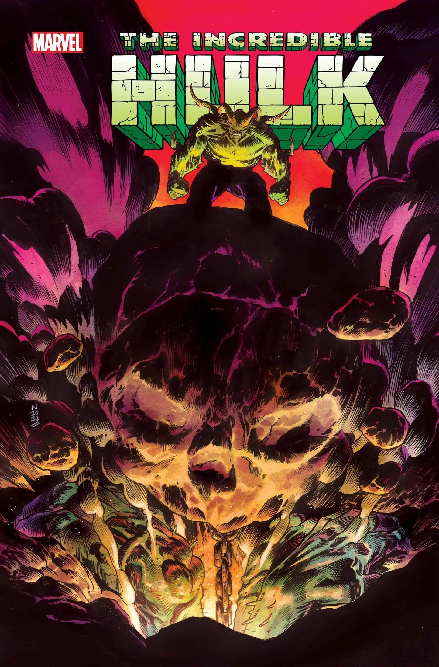 Hulk bursts from flames in INCREDIBLE HULK #16 trading card art action scene