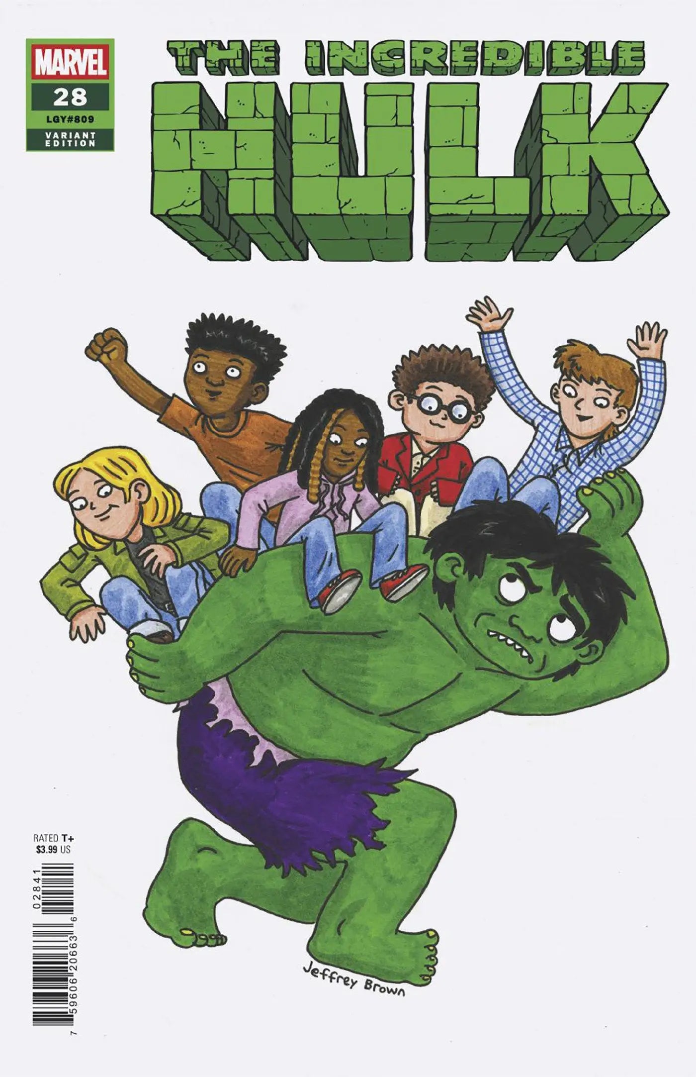 Comic book cover of Incredible Hulk carrying five children, Jeffrey Brown Variant