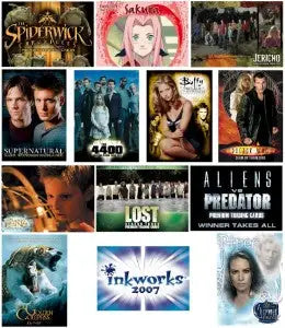 Collage of fantasy and sci-fi TV show posters on Inkworks San Diego 2007 trading cards