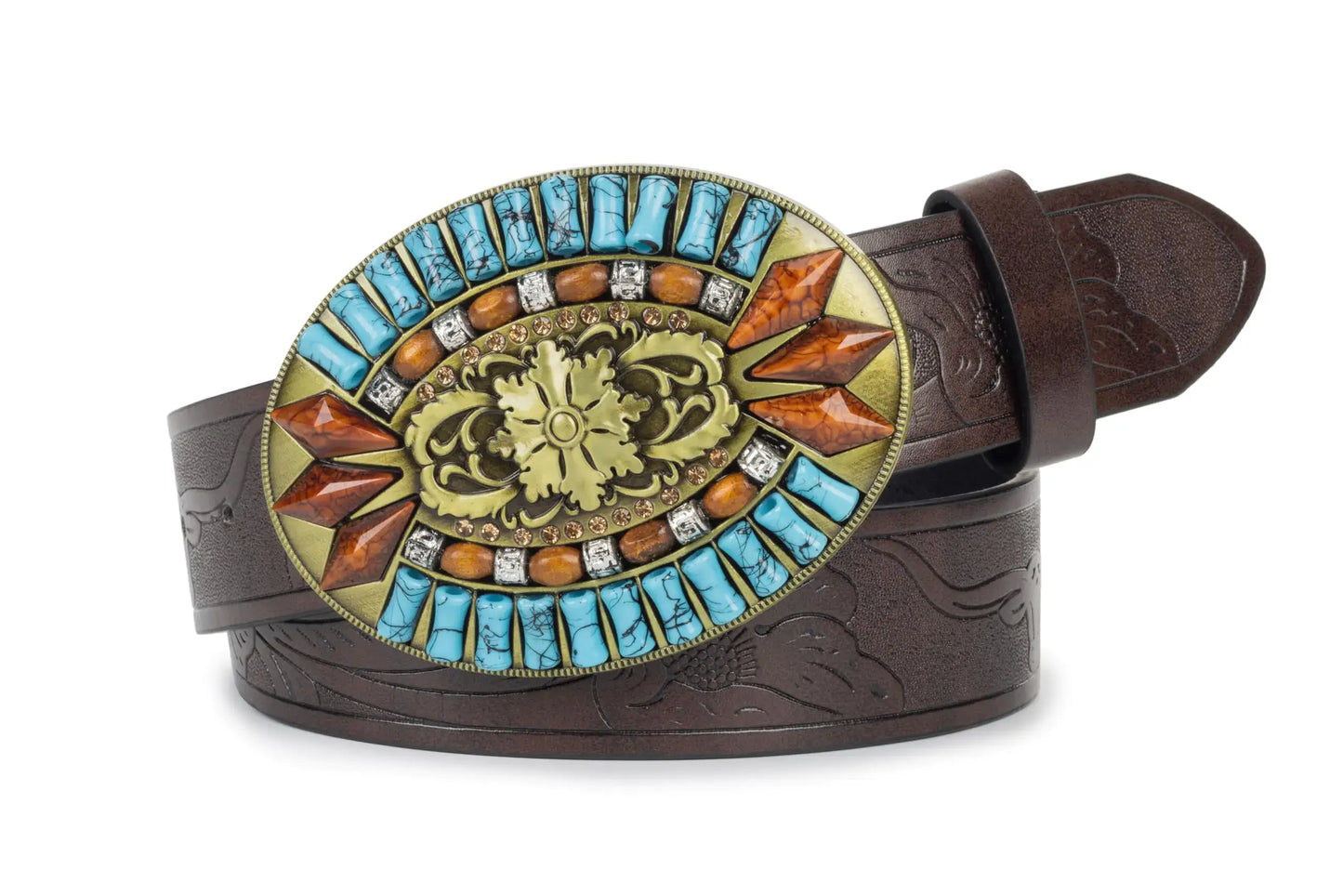 Brown leather belt with ornate turquoise hollow out flower buckle for women vintage Western style