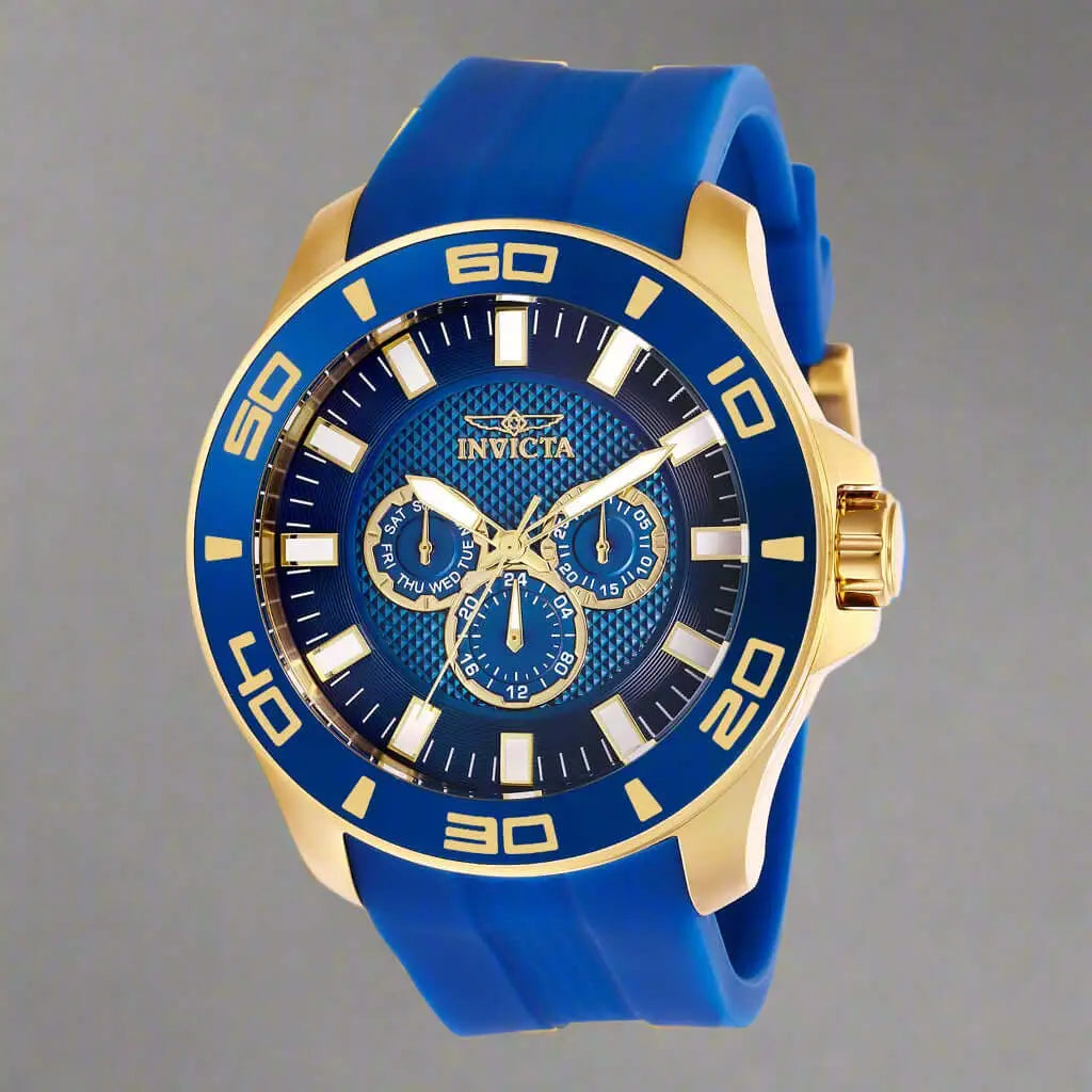 Invicta men’s blue dial chronograph quartz watch with gold-tone case and silicone strap