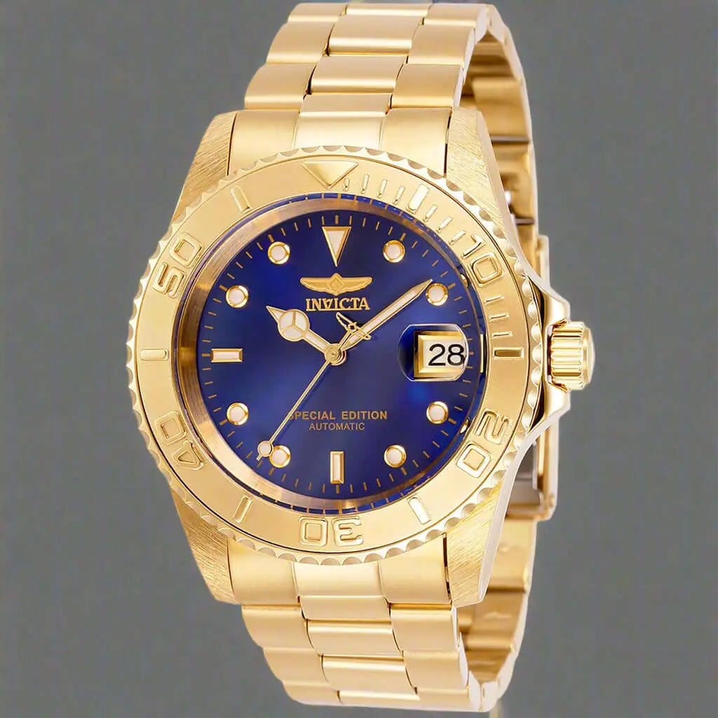 Gold-toned Invicta automatic watch with blue dial and date display on men’s watch