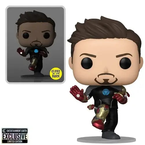 Iron Man Funko Pop figure with glowing arc reactor in hovering pose from Entertainment Earth exclusive