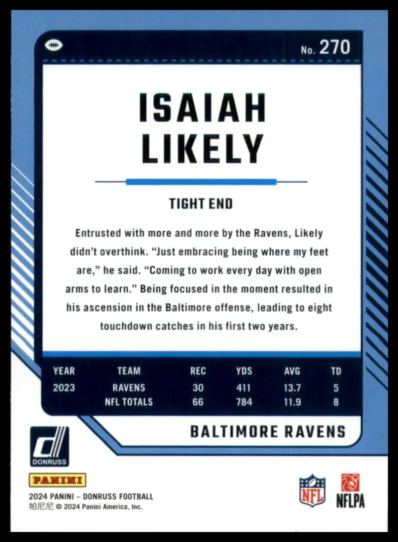 Back of Isaiah Likely 2024 Donruss Press Proof Blue football trading card for Baltimore Ravens