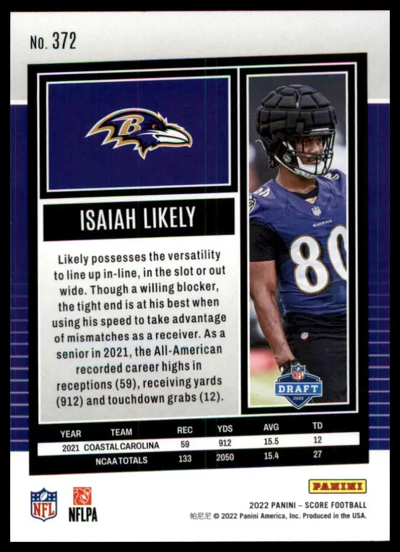 Isaiah Likely 2022 Score Rookie Football Card Baltimore Ravens product image