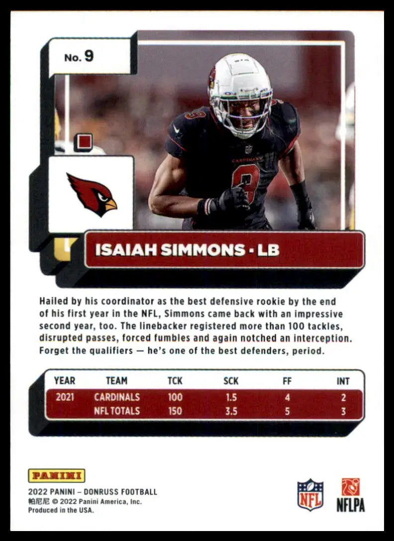 Football card featuring Isaiah Simmons from 2022 Donruss Arizona Cardinals collection