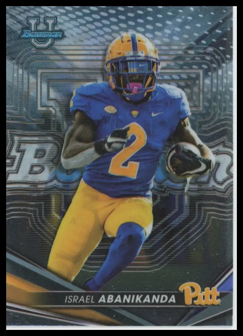 Football trading card of Israel Abanikanda in blue and gold for best university Pittsburgh Panthers