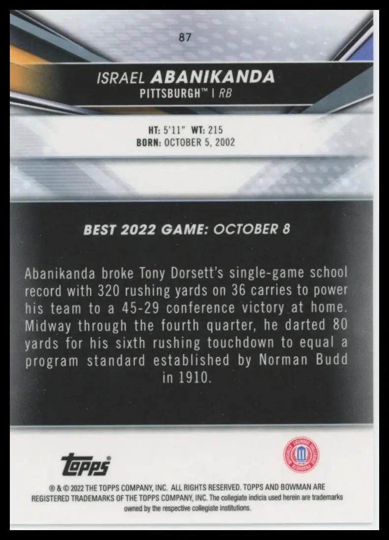 Back of a football trading card featuring Israel Abanikanda from Bowman’s Best University series