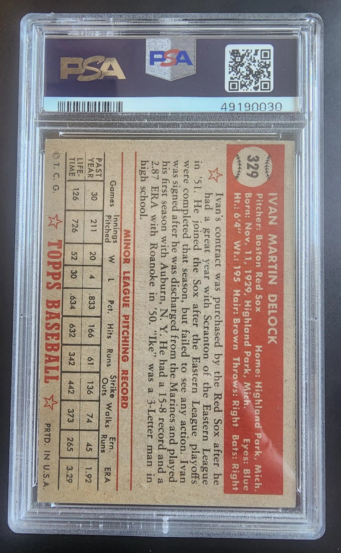 Ivan Delock 1952 Topps #329 PSA 4.5 vintage baseball card back with statistics