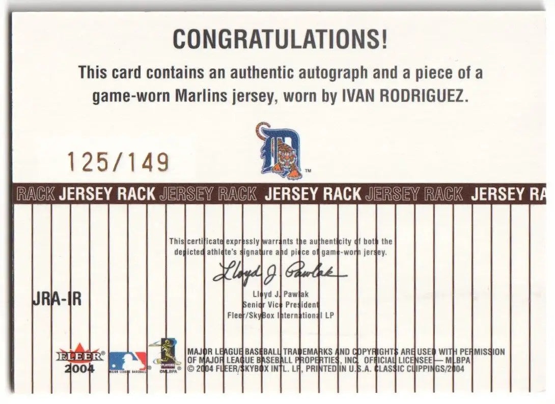 Baseball card back from IVAN PUDGE RODRIGUEZ 2004 Fleer Classic Clippings autograph card with single cards by Columbia Hobby featuring Mike Piazza