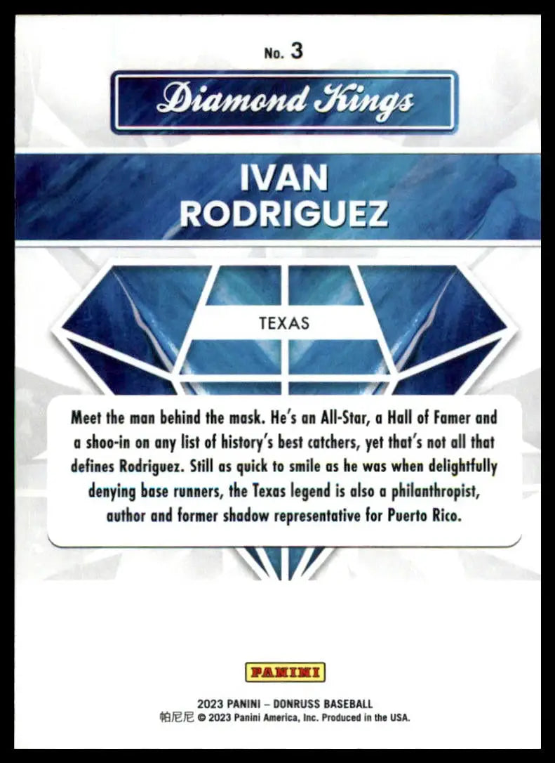 Baseball card back of Ivan Rodriguez 2023 Donruss Texas Rangers collectible