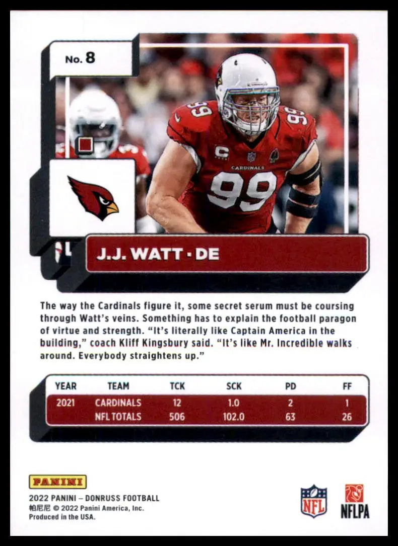 J.J. Watt 2022 Donruss Arizona Cardinals football trading card