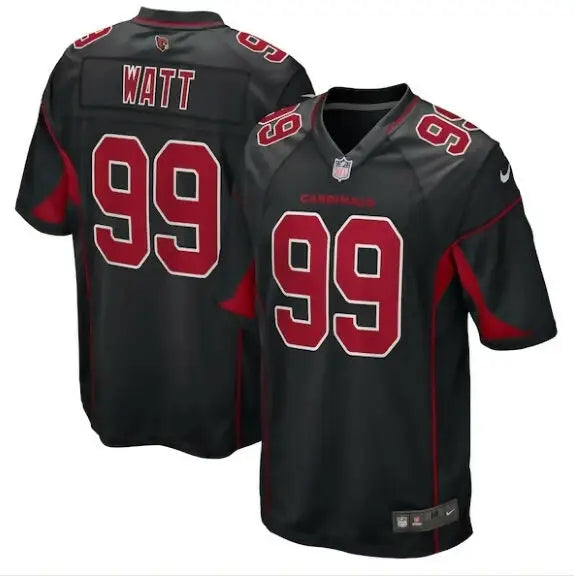 Two black and red Arizona Cardinals football jerseys with WATT and 99 on the back