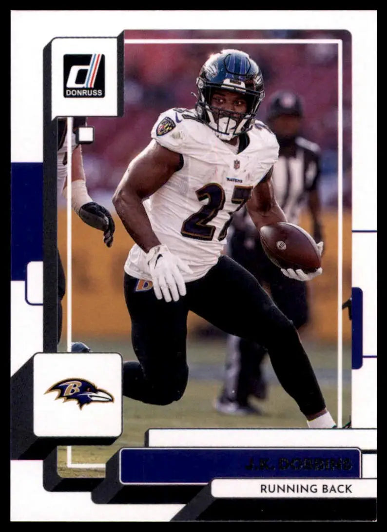 Football card featuring Justice Hill from J.K. Dobbins 2022 Donruss Baltimore Ravens series