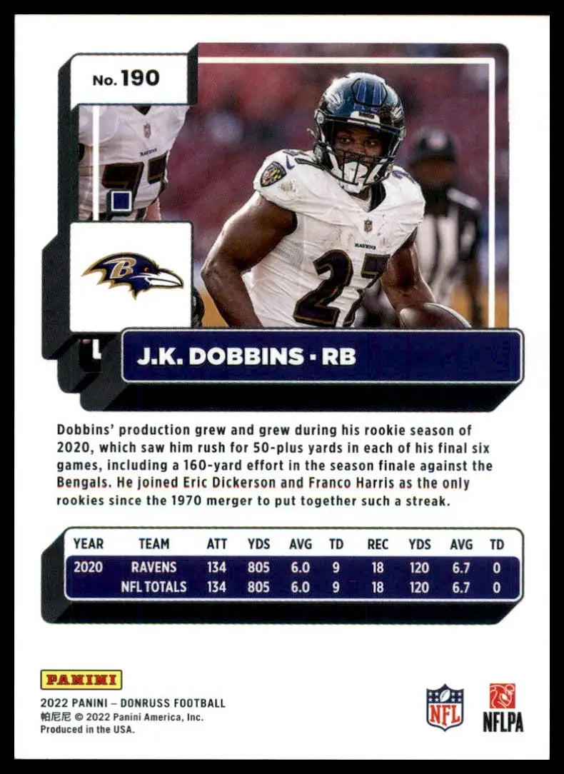 J K Dobbins 2022 Donruss football card Baltimore Ravens product image