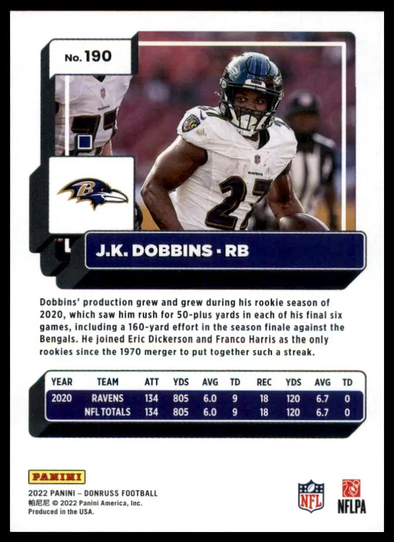J.K. Dobbins 2022 Donruss football card from Baltimore Ravens product