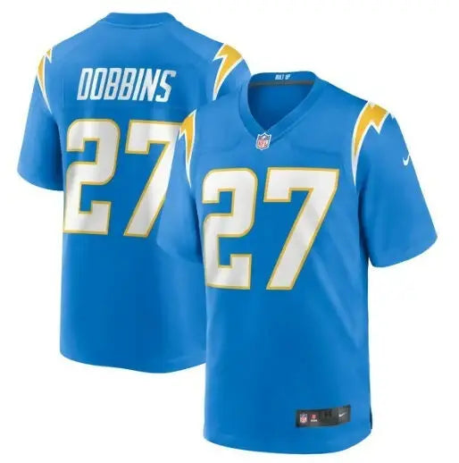 Light blue Los Angeles Chargers J.K. Dobbins football jersey with white DOBBINS and 27 lettering