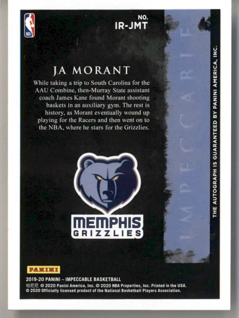 Memphis Grizzlies NBA team logo trading card featuring Impeccable Rookie Signatures design