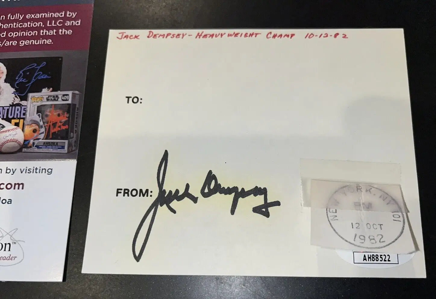 Signed Jack Dempsey envelope on card stock with JSA certificate of authenticity
