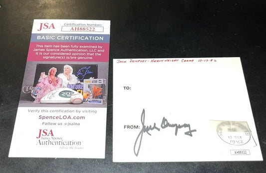 Autographed Jack Dempsey postcard on card stock with JSA certificate for authenticity