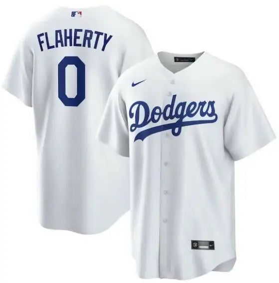 White Dodgers baseball jersey featuring Jack Flaherty Nike Los Angeles Dodgers replica design