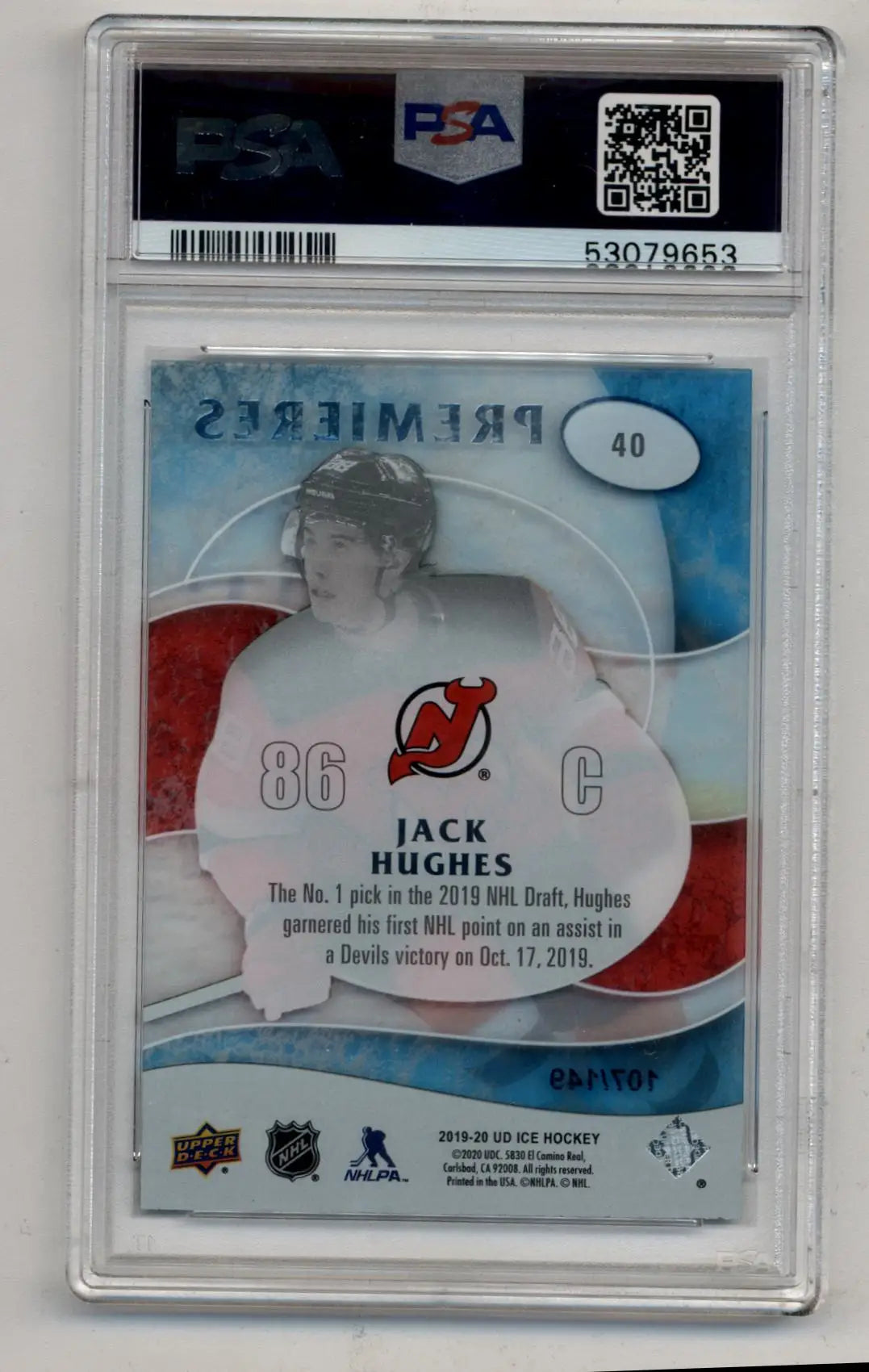 Jack Hughes 2019-20 Upper Deck Ice Ice Premieres Retro 107/149 PSA 10 Gem Mint - Singles