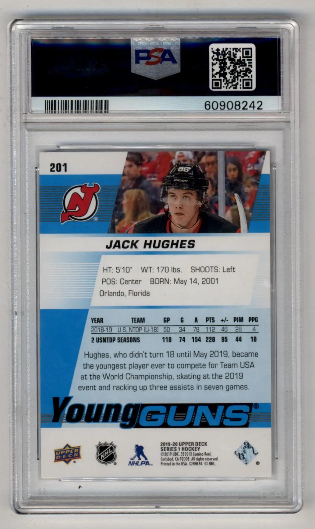 Jack Hughes 2019-20 Upper Deck Young Gun #201 PSA 10 Gem Mint 8242 - Singles