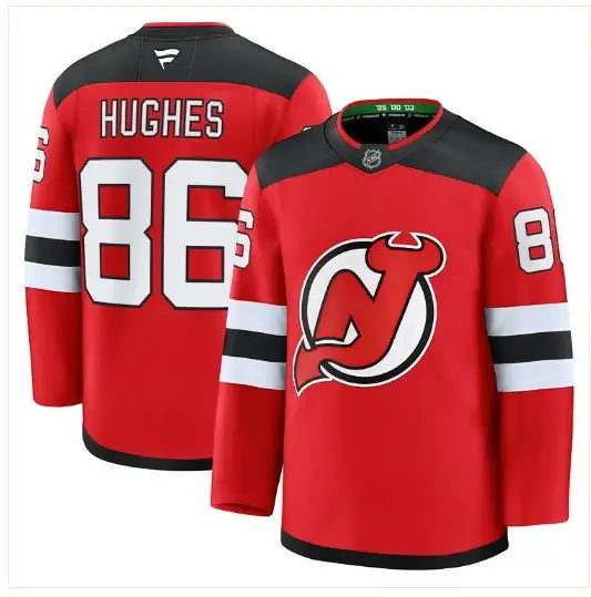 Red New Jersey Devils hockey jersey with black and white accents featuring Jack Hughes logo