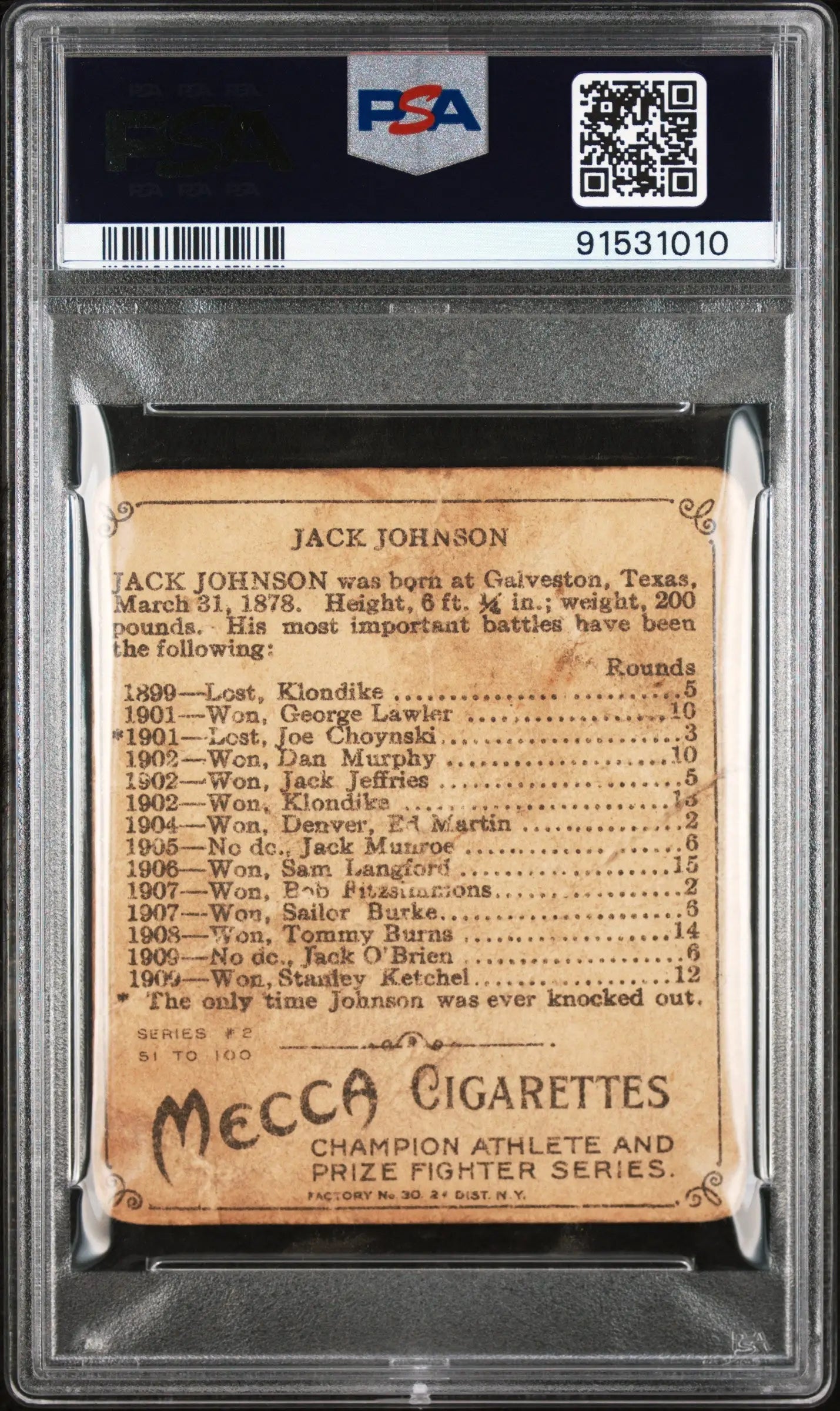PSA-graded Jack Johnson T218 Champions baseball card showcasing career stats 1901-1908