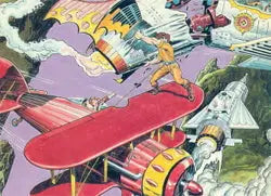 Red biplane flying in colorful sky on Jack Kirby the Unpublished Archives promo card