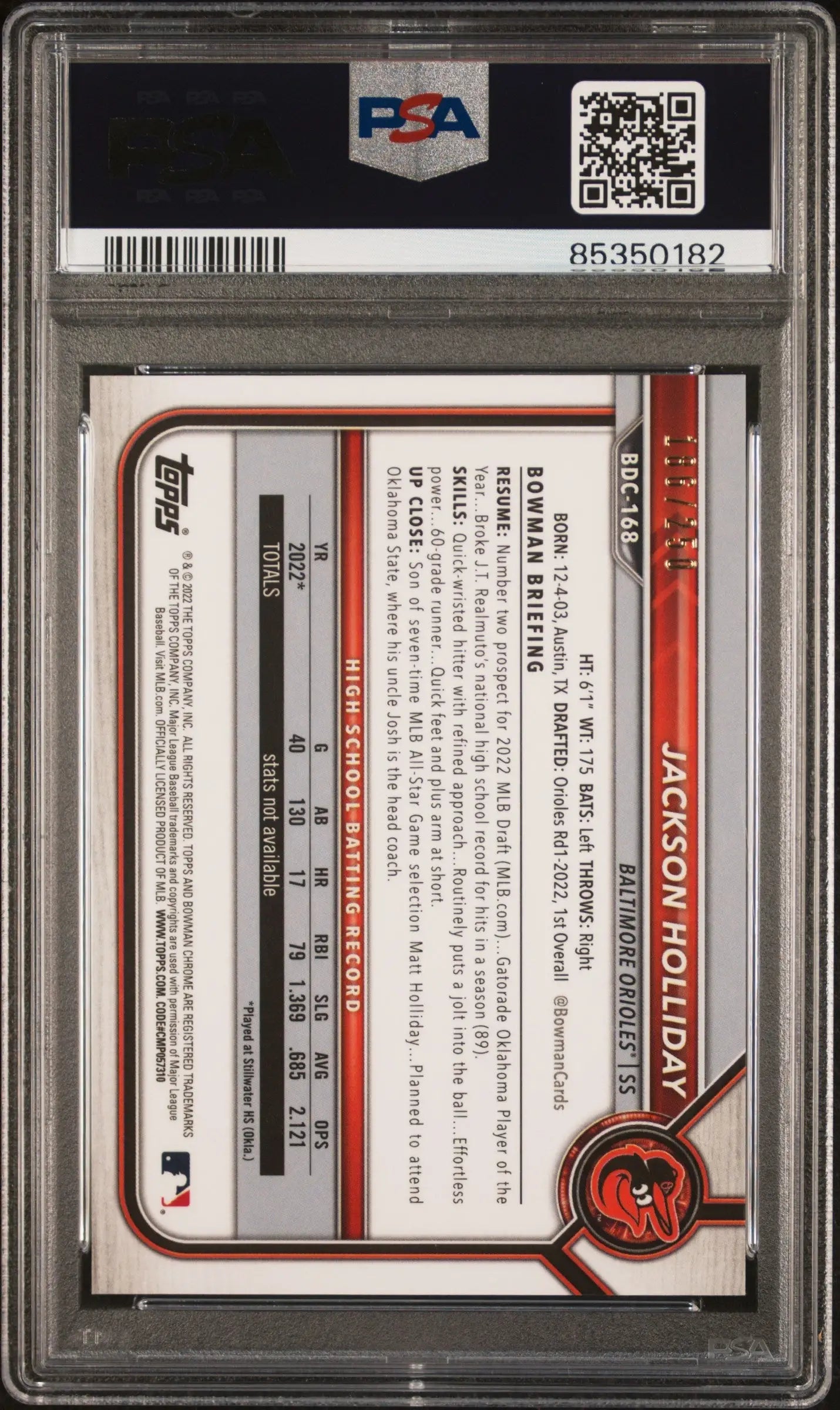 Jackson Holliday 2022 Bowman Chrome Purple Refractor card PSA 10 Gem Mint