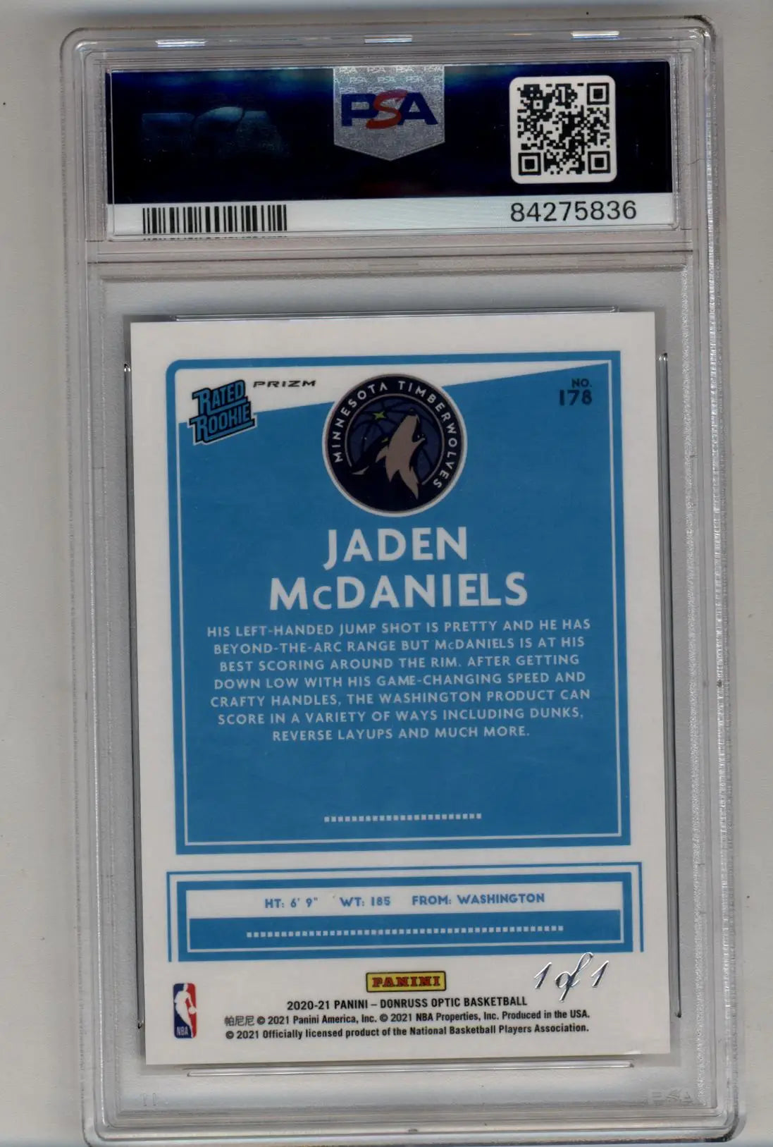 Jaden McDaniels 2020-21 Donruss Optic Fast Break Black 1/1 PSA Authentic - Singles