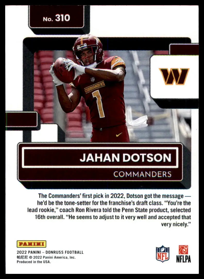 Jahan Dotson football card from 2022 Donruss Rookie series featuring Washington Commanders