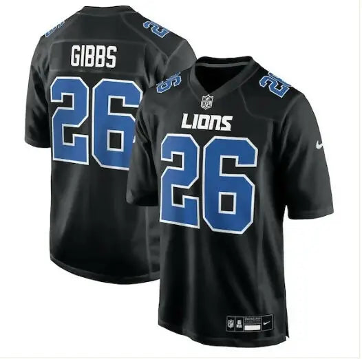 Black Detroit Lions football jersey with blue number 26 and Gibbs on the back