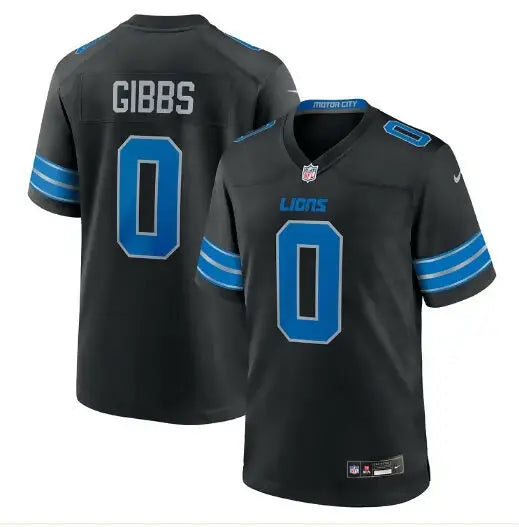 Black and blue Detroit Lions Jahmyr Gibbs Nike Game Player Jersey with number 0