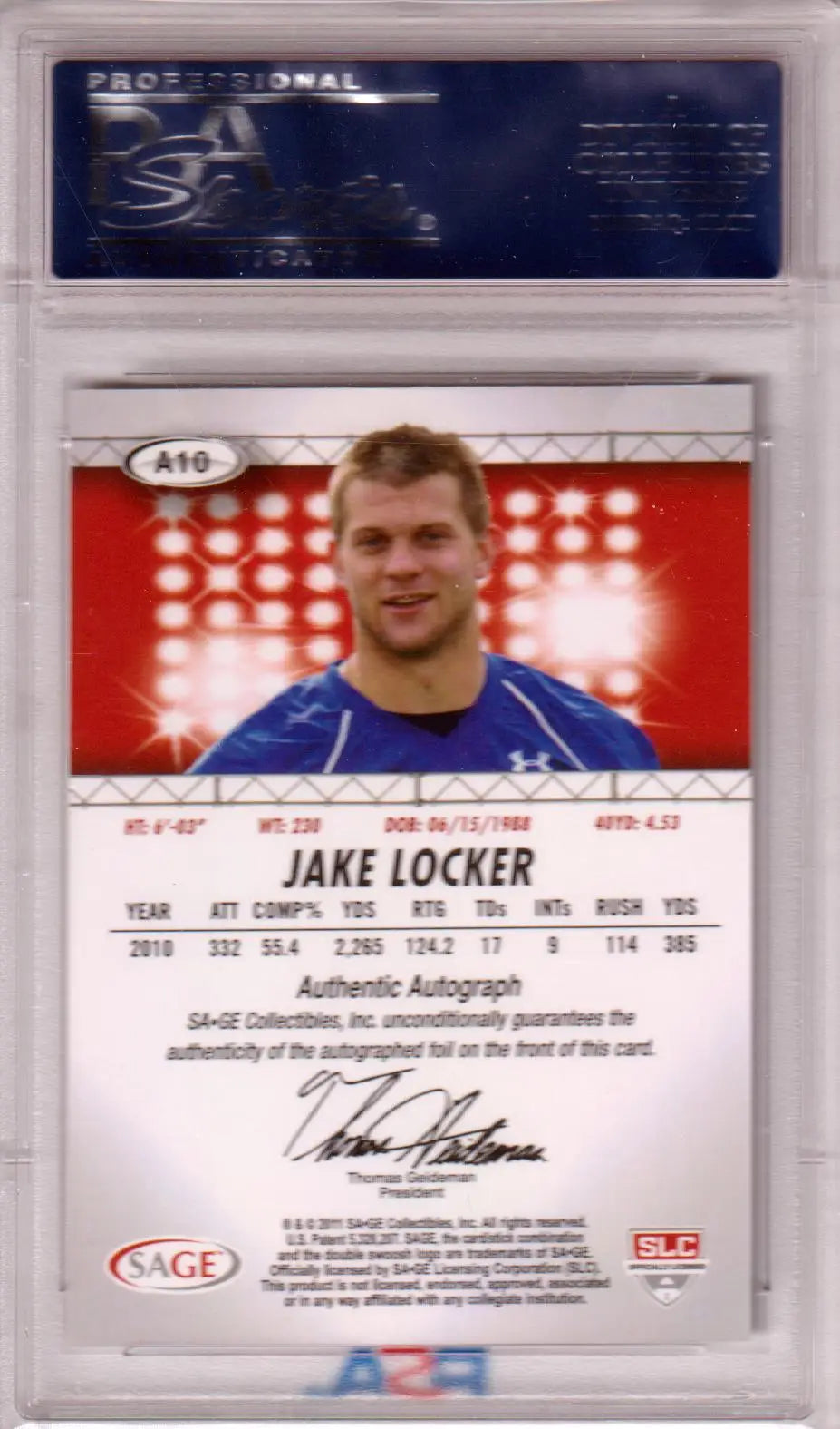Jake Locker autographed football card from Columbia Hobby PSA A10 GEM MINT