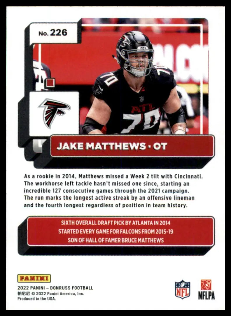 Football trading card featuring Jake Matthews from 2022 Donruss Atlanta Falcons series