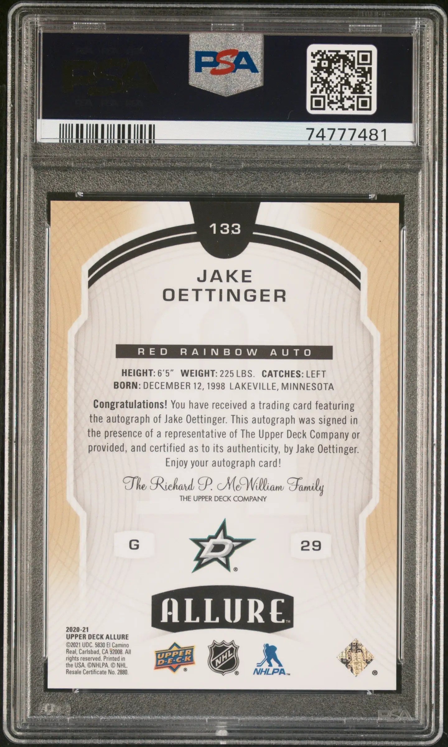 PSA-graded Jake Oettinger 2020 Upper Deck Allure Red Rainbow Auto card back with stats