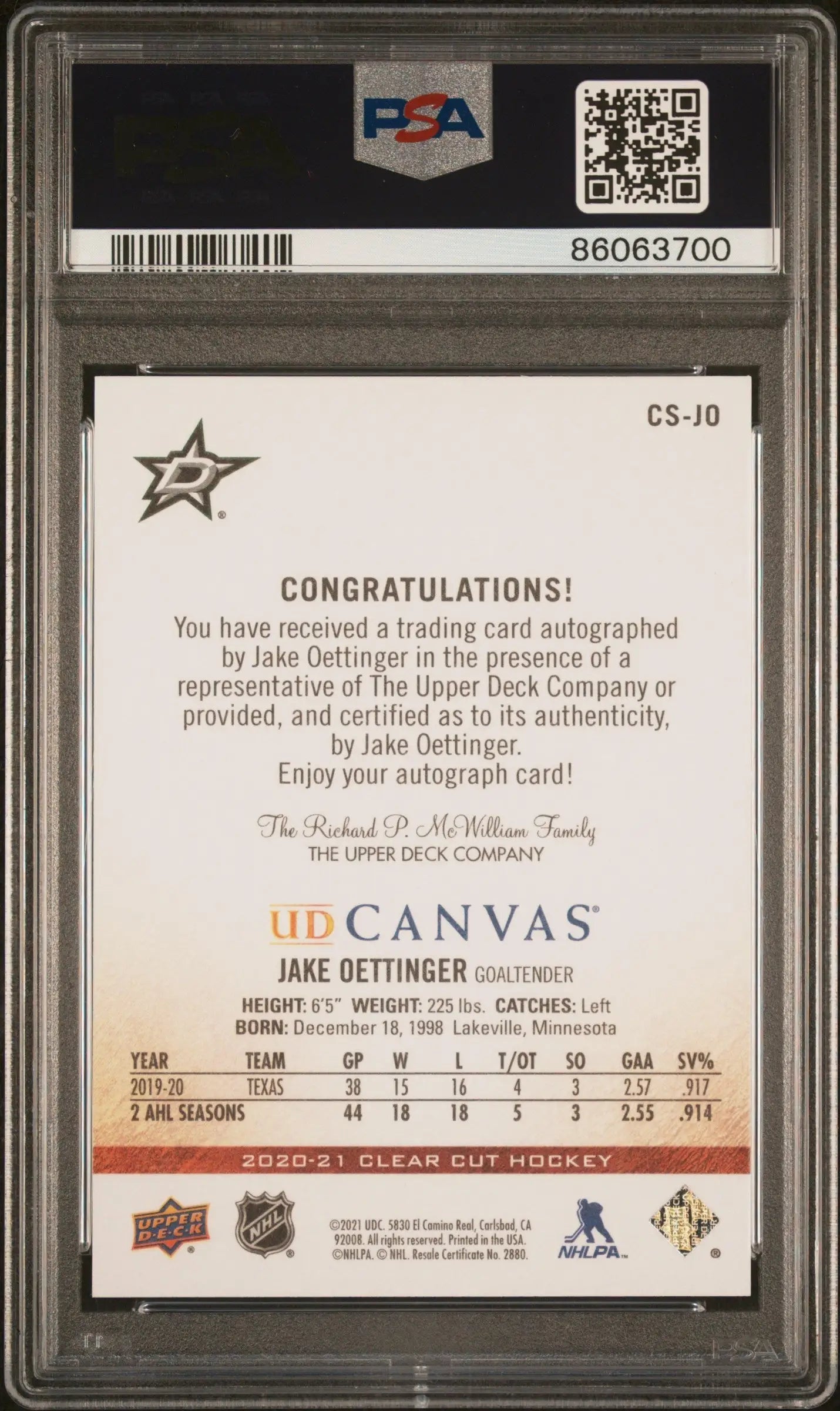 Jake Oettinger 2020 Upper Deck Clear Cut Canvas Auto #21/29 PSA 10 Gem Mint - Singles